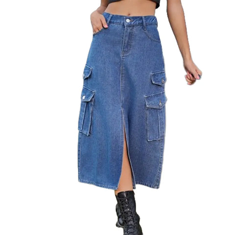 Women's Summer Elasticized Waist Cargo Denim Skirt Split Hem 5 colors - Frimunt Clothing Co.
