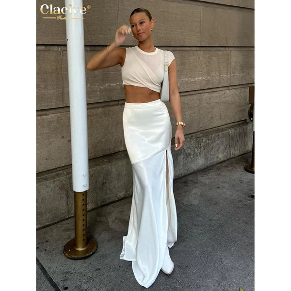 Women's Loose White Satin High Waist Long Elegant Chic Skirt With Side Slit - Frimunt Clothing Co.