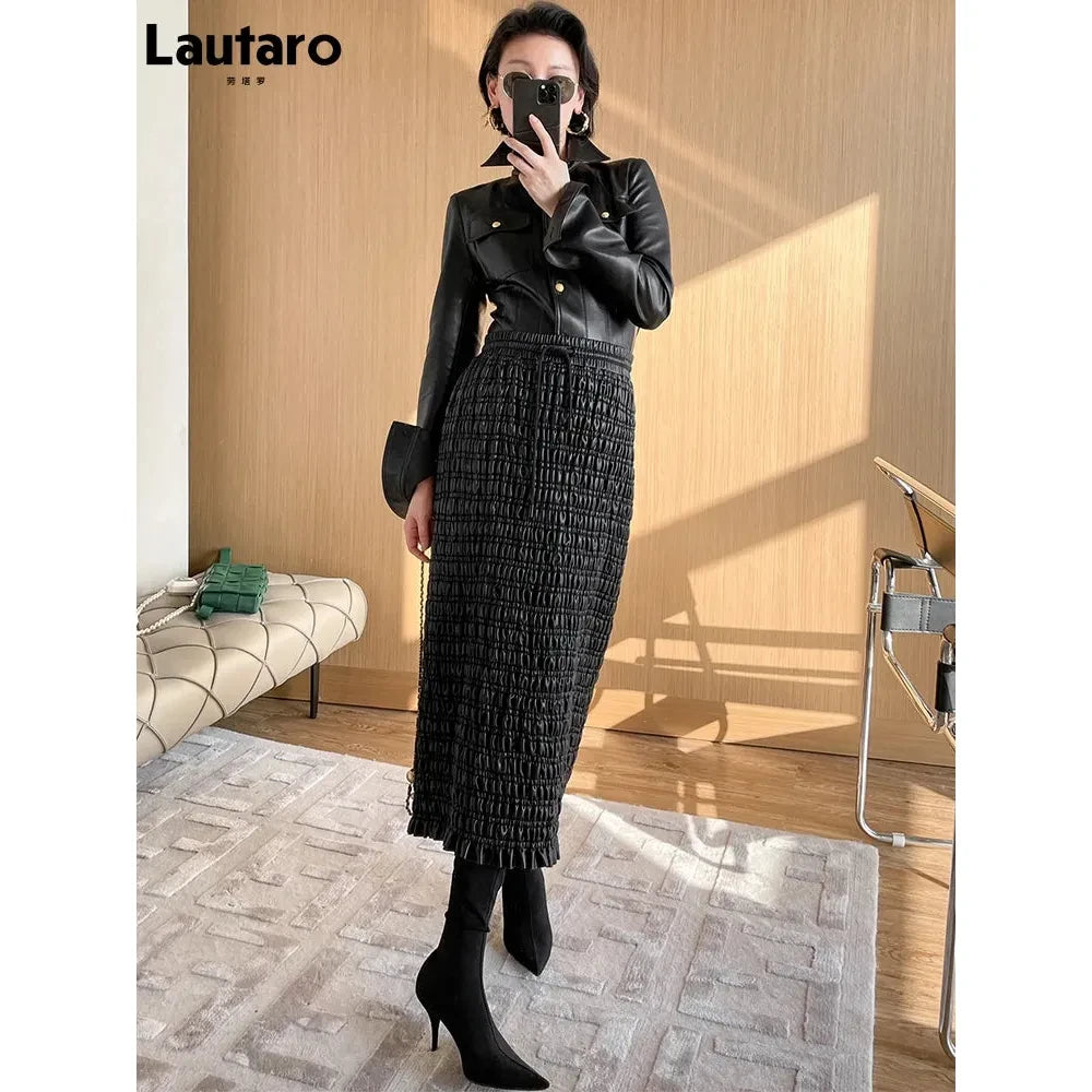 Women's Black Stretchy Faux Leather Midi Smocked Skirt - Frimunt Clothing Co.