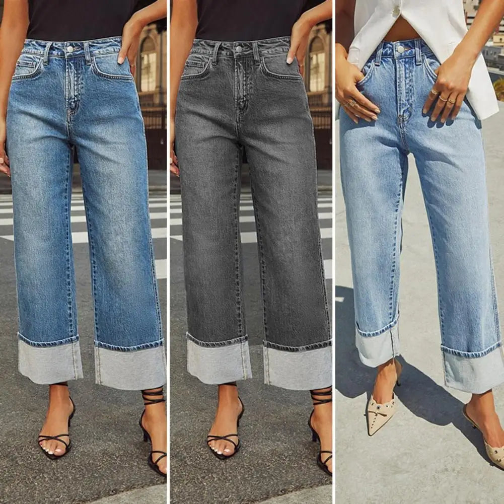 Cuffed Hem Wide-Leg Jeans – Stretch Denim - Frimunt Clothing Co.