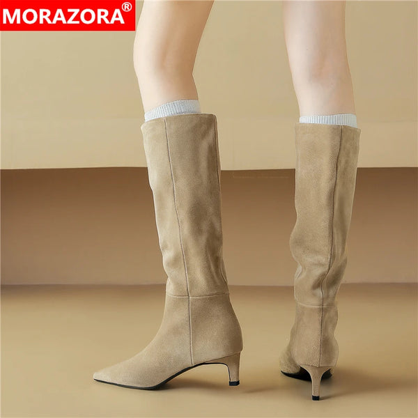 Women's Cow Suede Leather Knee High Boots Pointed Toe Pull On Mid Heels - Frimunt Clothing Co.