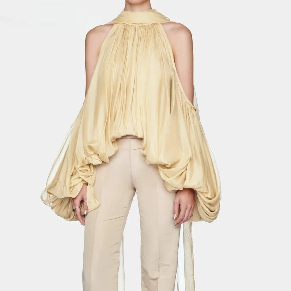Draped Lantern Sleeve Halter Top – Silk Blend Statement Blouse - Frimunt Clothing Co.