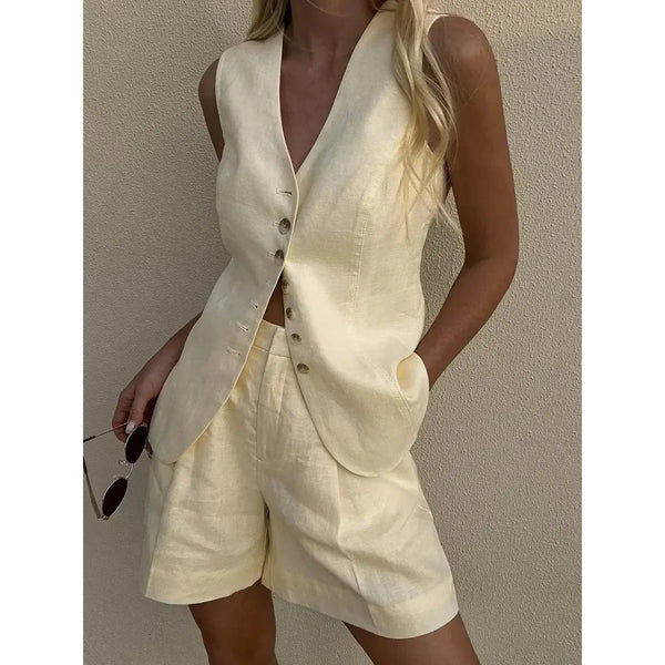 Women's Cotton Linen Chic Vest Shorts Set - Frimunt Clothing Co.