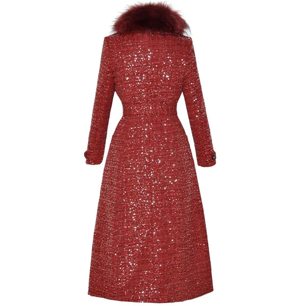 Women's Fur Collar Double Breast Buckle Tie Waist Sequined Long Thick Coat