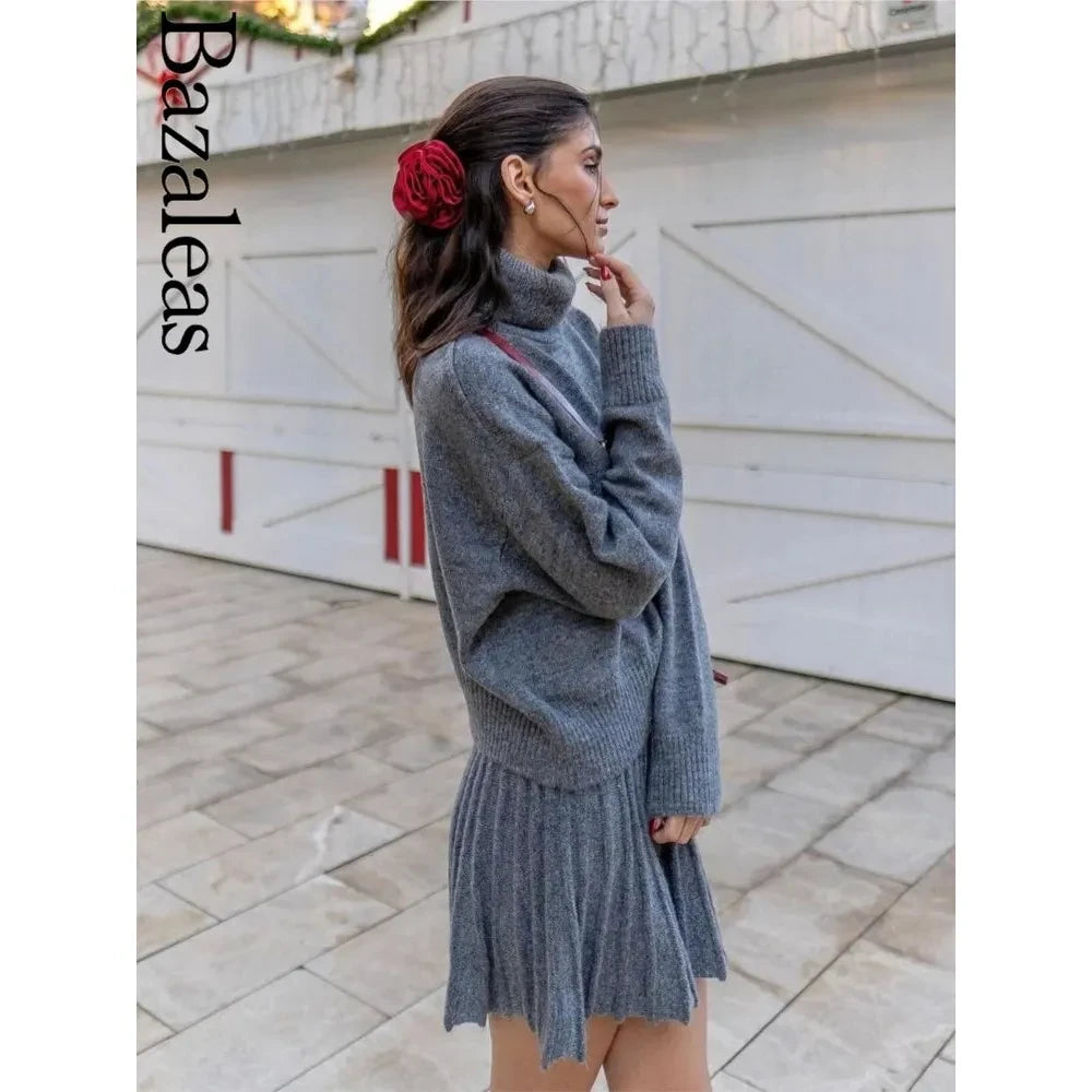 Women's Knit Grey Loose Turtleneck Pullover Sweater + Skirt Set - Frimunt Clothing Co.