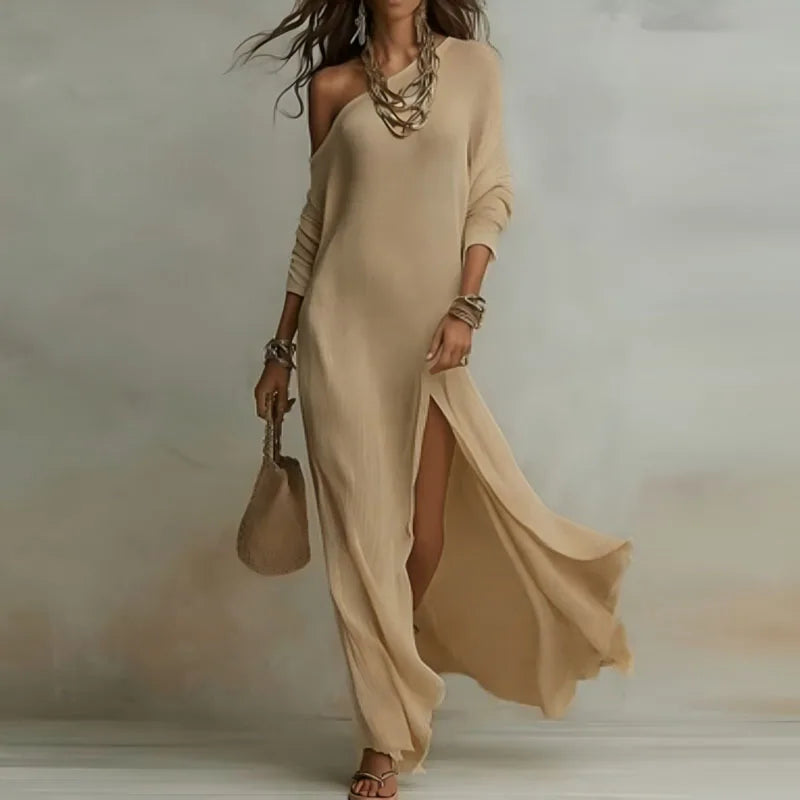 Spring One Shoulder Long Sleeve Split Bohemian Maxi Dress