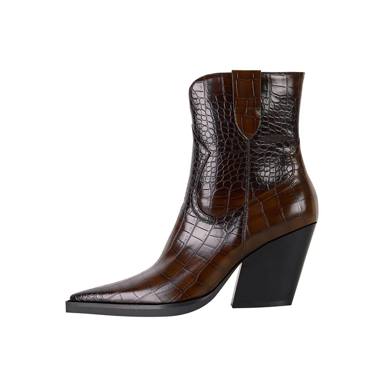 Women's Pointed Toe Croco Pattern High Heels Western Short Boots - Frimunt Clothing Co.