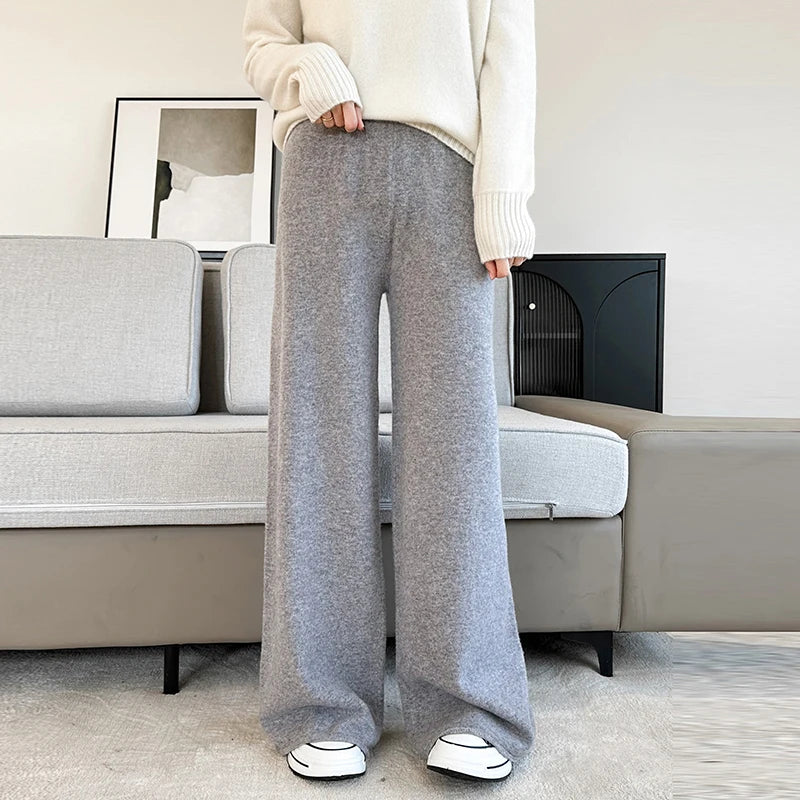 Women's Pure Warm Wool Knit Casual High-Waist Loose Hemmed Wide-Leg Fall-Winter Pants