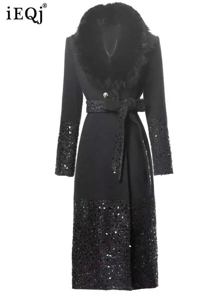 Abrigo largo de invierno con cuello de piel y lentejuelas para mujer con cinturón