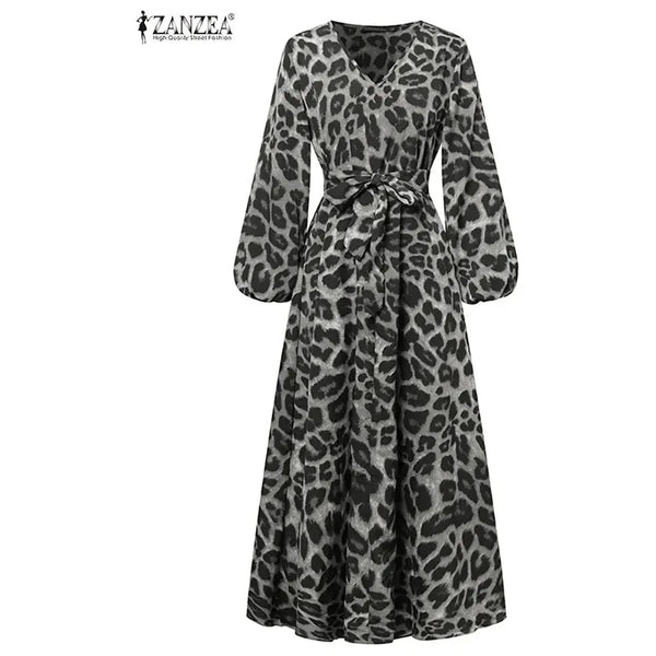 Women's Long Sleeve Leopard V-Neck Maxi Dresses