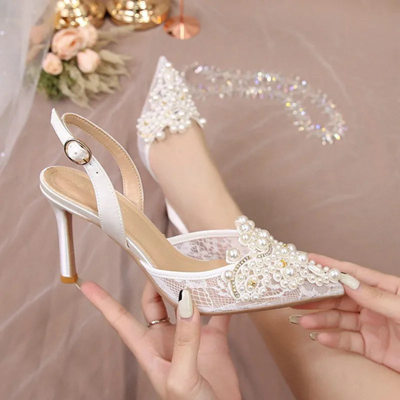French Lace Wedding High Heels Pearls Bride Shoes - Frimunt Clothing Co.