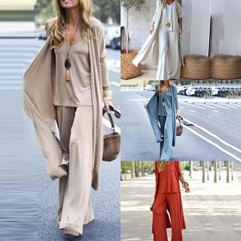 Three Piece Sets Long Cardigan Cover Up V-Neck Sling Tank Undershirt With Straight Pants Suit - Frimunt Clothing Co.