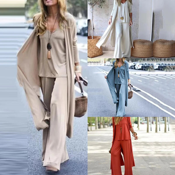 Three Piece Sets Long Cardigan Cover Up V-Neck Sling Tank Undershirt With Straight Pants Suit