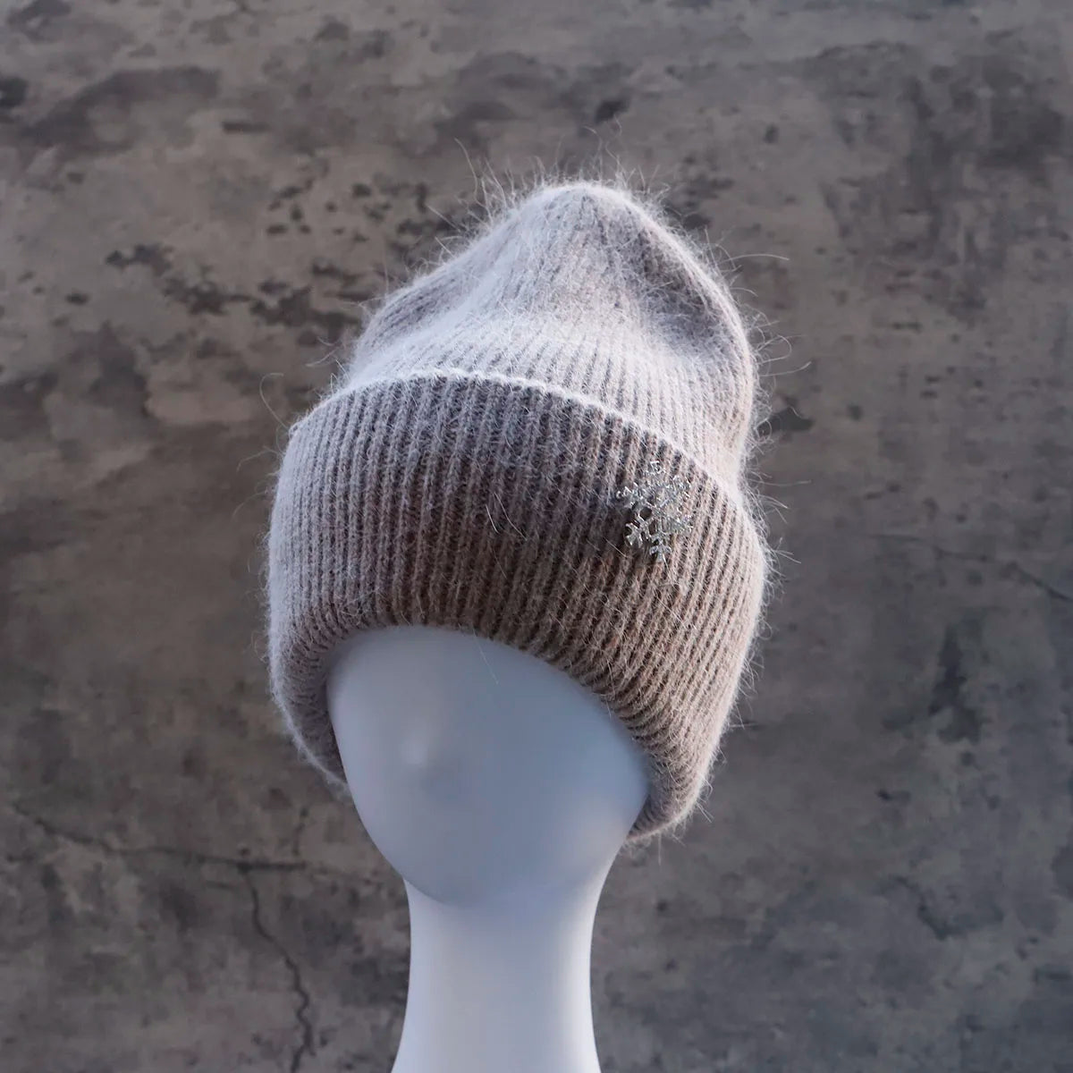 Women's Winter Knit Cuff Hat Real Warm Rabbit Hair Snowflake Pin Solid Colors - Frimunt Clothing Co.