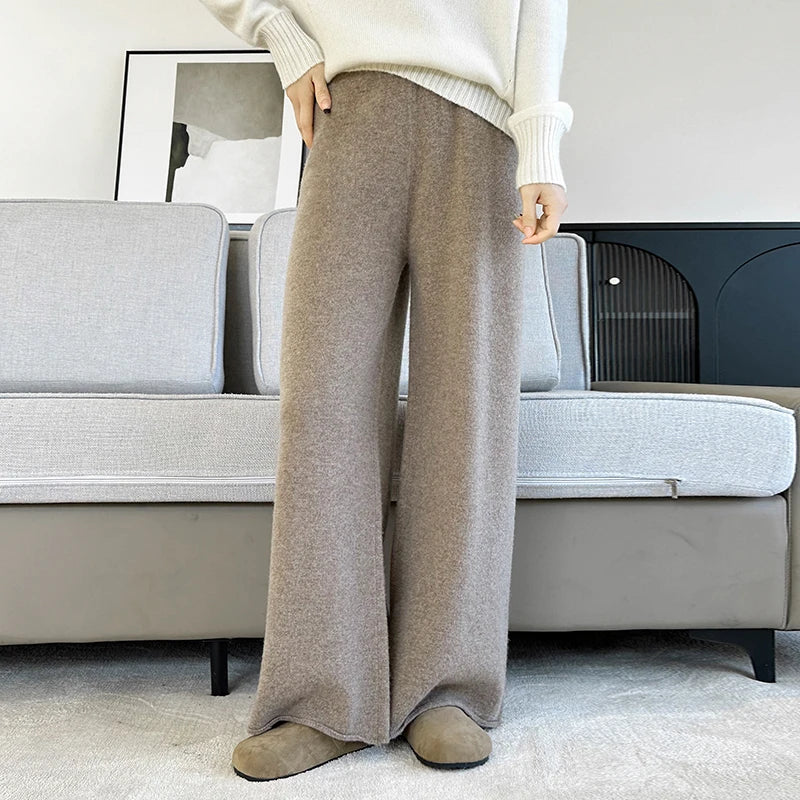 Women's Pure Warm Wool Knit Casual High-Waist Loose Hemmed Wide-Leg Fall-Winter Pants