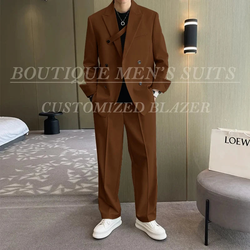 Men Fashion Double Breasted Loose Casual Suits Blazer Wide Leg Pants - Frimunt Clothing Co.