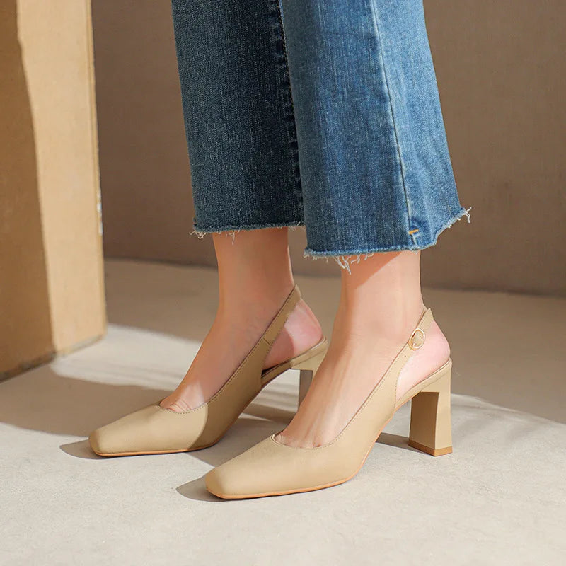 Square Toe Thick Heeled High Heels Women Pumps French Buckle Strap - Frimunt Clothing Co.