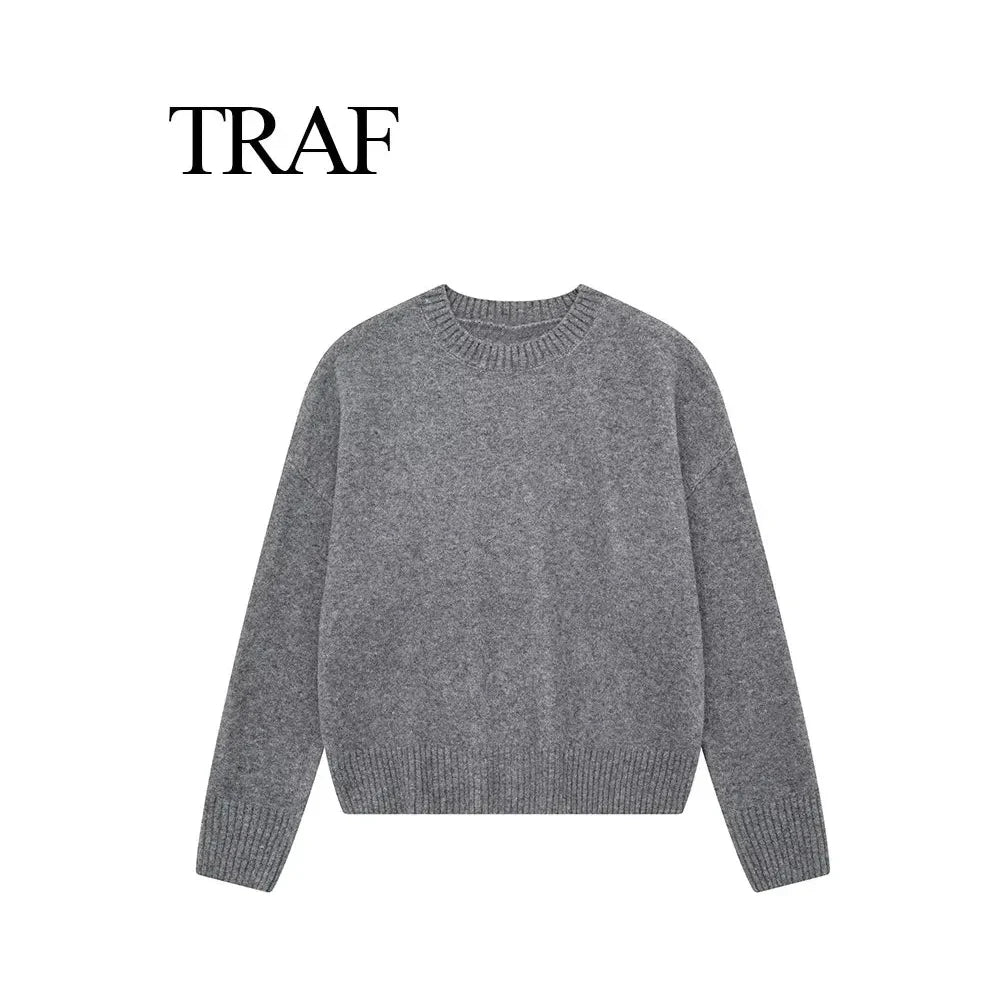 Autumn Winter Women's Gray Knit Pullover Sweaters Long Sleeve O-Neck - Frimunt Clothing Co.