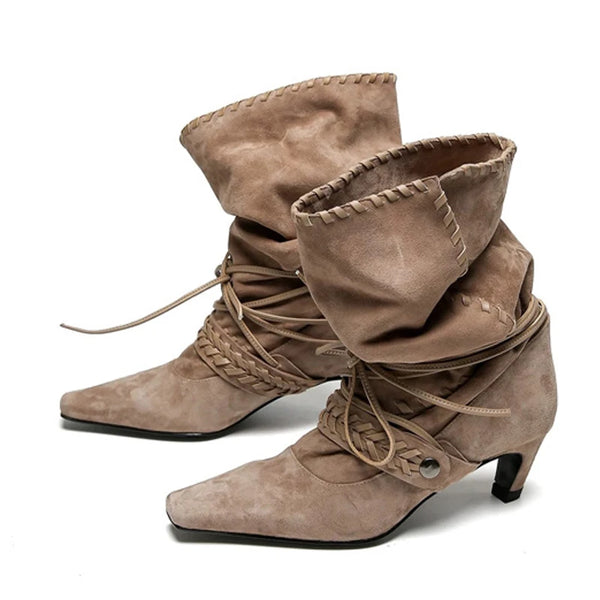 Autumn Winter Brown Suede Weave Lace-up Women Pleated Ankle Boots