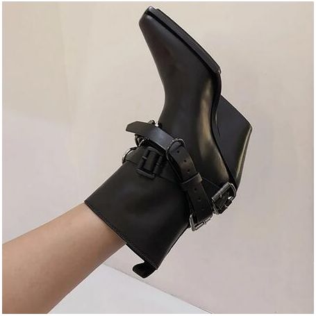 Black Pointed Toe Wedge Heel Ankle Boots Eco Leather Metal Buckle Belt
