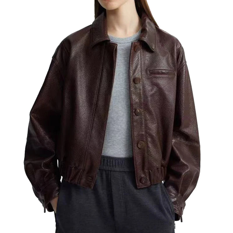 Retro Genuine Leather Short Bomber Jackets for Women Bubble Texture