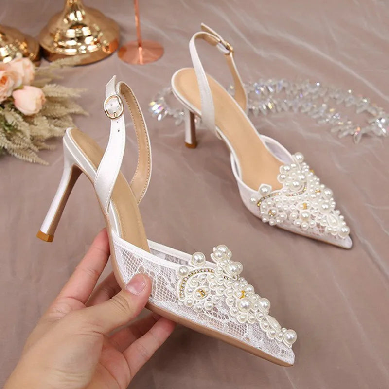 French Lace Wedding High Heels Pearls Bride Shoes - Frimunt Clothing Co.