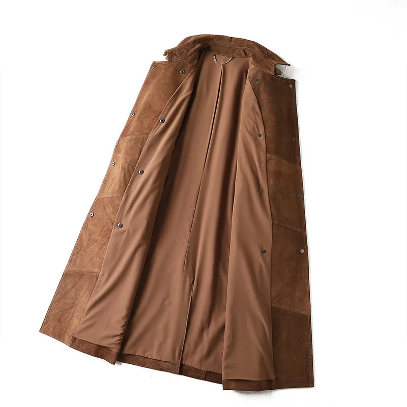 Women's Genuine Leather Suede Long Classic Trench Coat Double Breasted With Belt