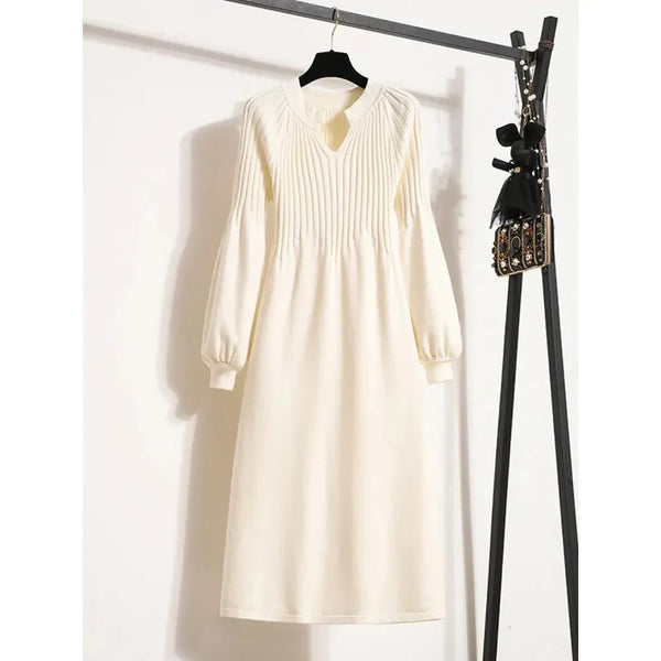 Fall Winter Knit Dresses Elegant Solid Long Sleeve High Waist A-line