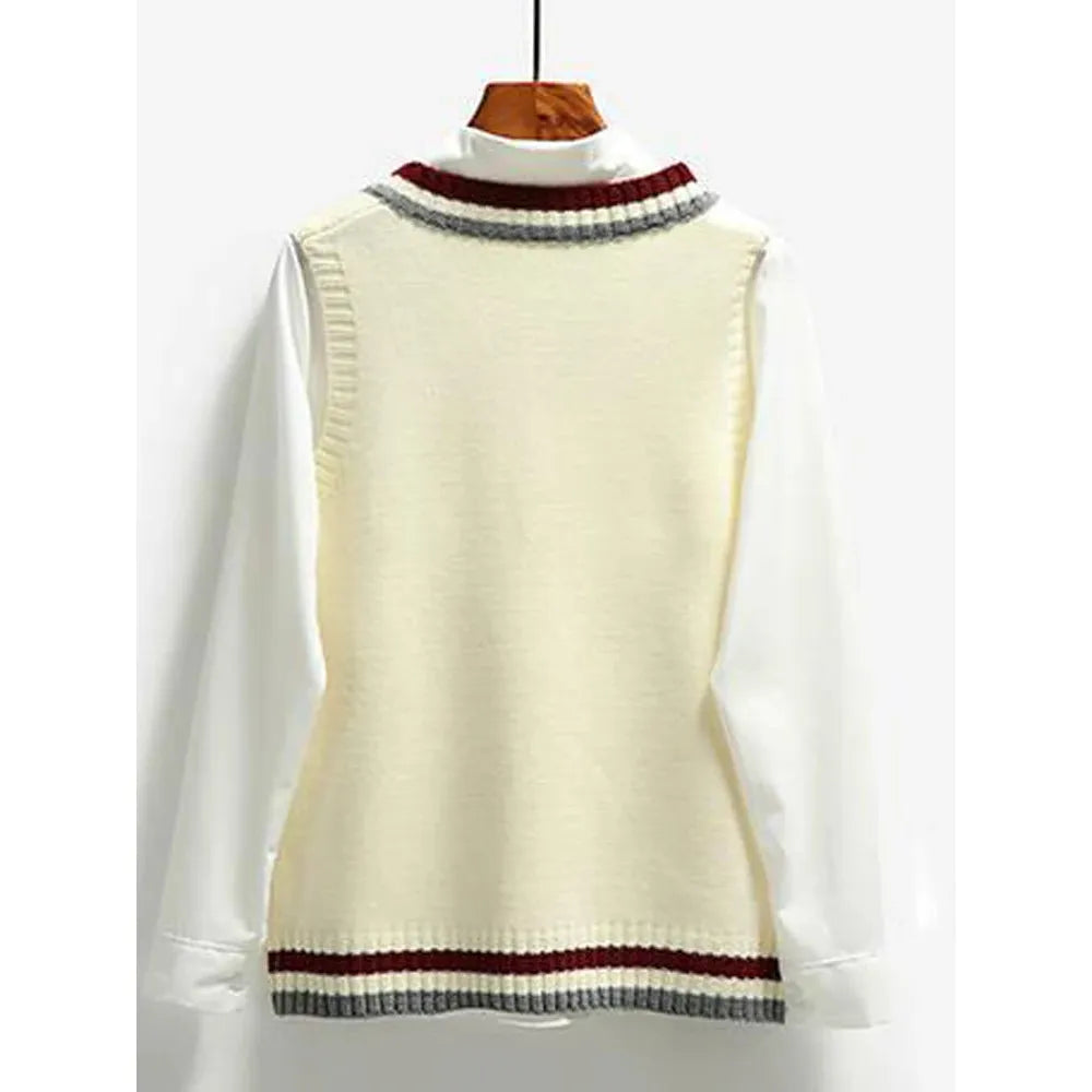 Women's Preppy Style Knit Sweater Vest Striped V Neck Sleeveless Loose Pullovers - Frimunt Clothing Co.