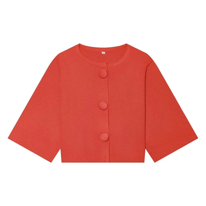 Button Knit Crop Top Summer French Sleeve Cardigan - Frimunt Clothing Co.