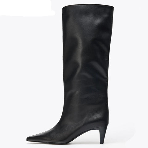 Women's Cow Genuine Leather High Heels Knee High Pointed Toe Winter Boots - Frimunt Clothing Co.