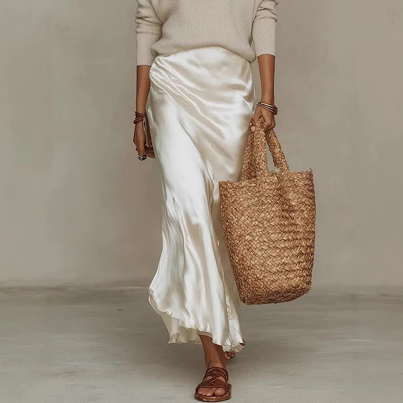 Women V Neck Long Sleeve Knitted Sweater and Satin Long Dress Suit 2026 Spring Solid 2 Piece Outfits