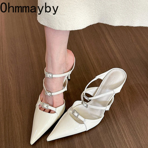 Summer Pointed Toe Women Mules Elegant Crystal Buckles Slide High Heel Shoes