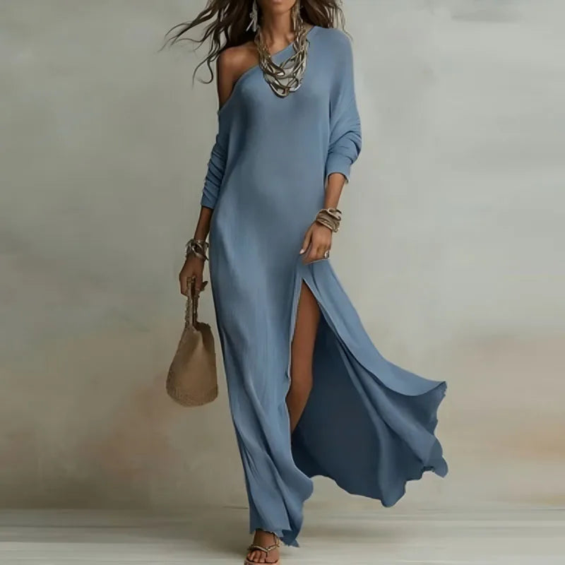 Spring One Shoulder Long Sleeve Split Bohemian Maxi Dress