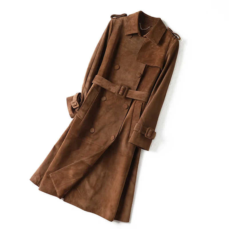 Women's Genuine Leather Suede Long Classic Trench Coat Double Breasted With Belt