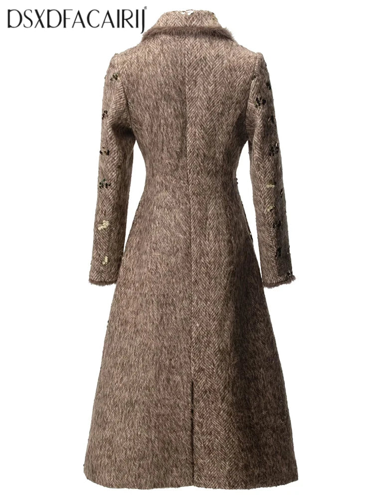 Abrigo cruzado con lentejuelas y plumas para mujer con cuello vuelto