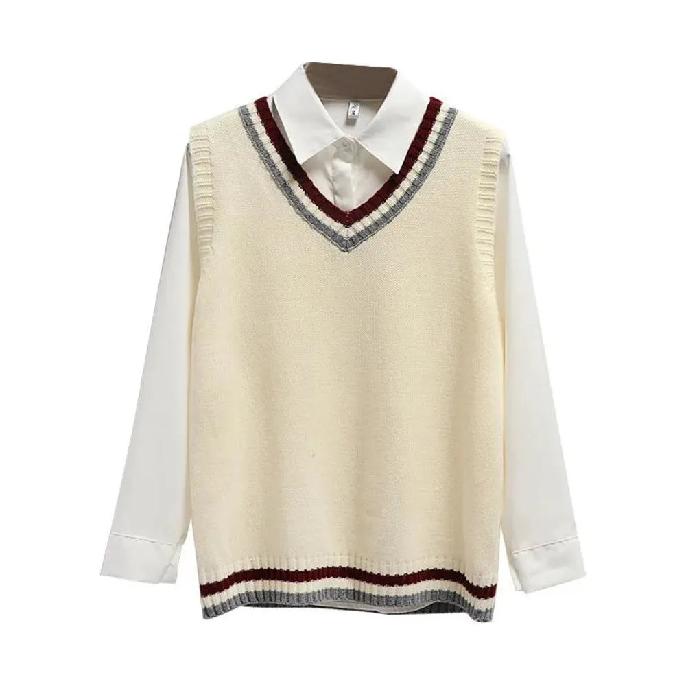 Women's Preppy Style Knit Sweater Vest Striped V Neck Sleeveless Loose Pullovers - Frimunt Clothing Co.