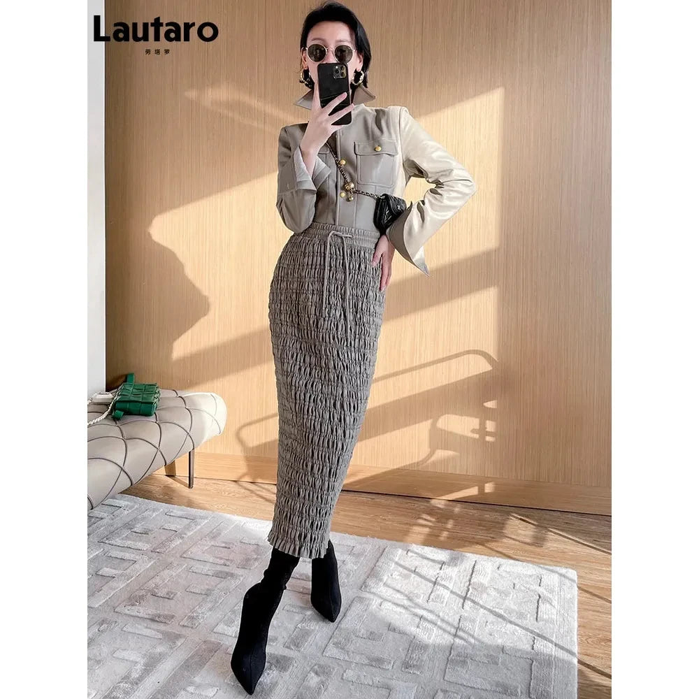 Women's Black Stretchy Faux Leather Midi Smocked Skirt - Frimunt Clothing Co.