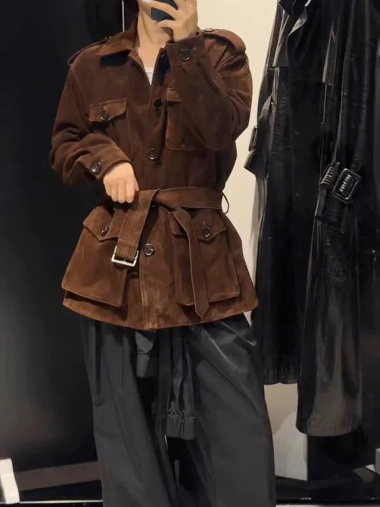 Women‘s Imported Genuine Leather Suede Long Retro Style Jacket With Belt