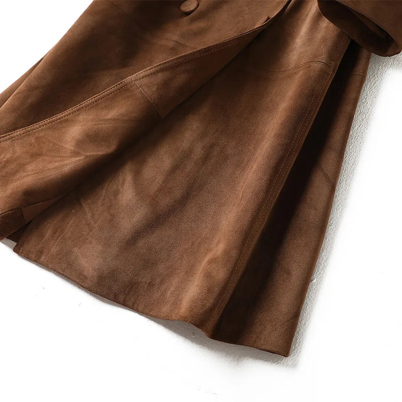 Women's Genuine Leather Suede Long Classic Trench Coat Double Breasted With Belt
