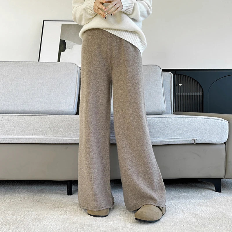 Women's Pure Warm Wool Knit Casual High-Waist Loose Hemmed Wide-Leg Fall-Winter Pants