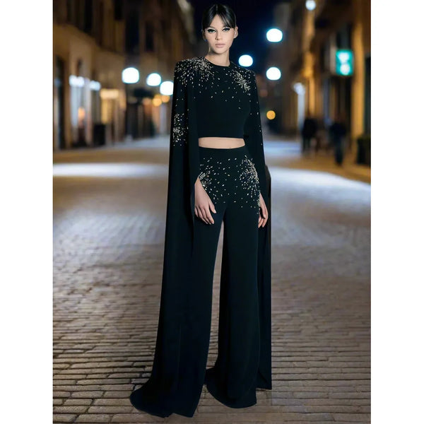 Designer Runway Women's Batwing Sleeve Stunning Crystals Beaded Cropped Top Pants Set 2pcs