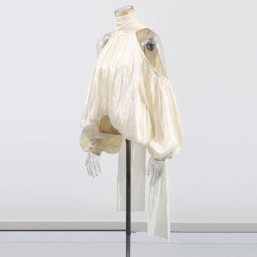 Draped Lantern Sleeve Halter Top – Silk Blend Statement Blouse - Frimunt Clothing Co.