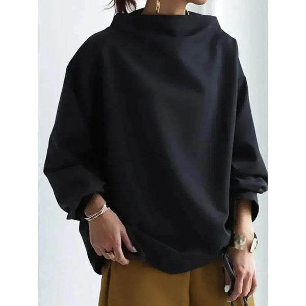 Women's Solid Black Sweatshirt High Neck Long Sleeves Loose Fit