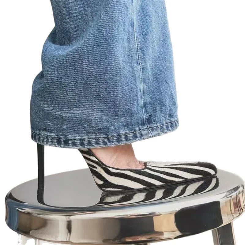 Women's Luxury Pointed Toe Backless Slip On Thin Stiletto Zebra Mules