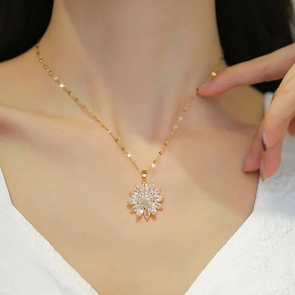 Luxury Zircon Sunflower Pendant Necklace For Women 316L Stainless Steel