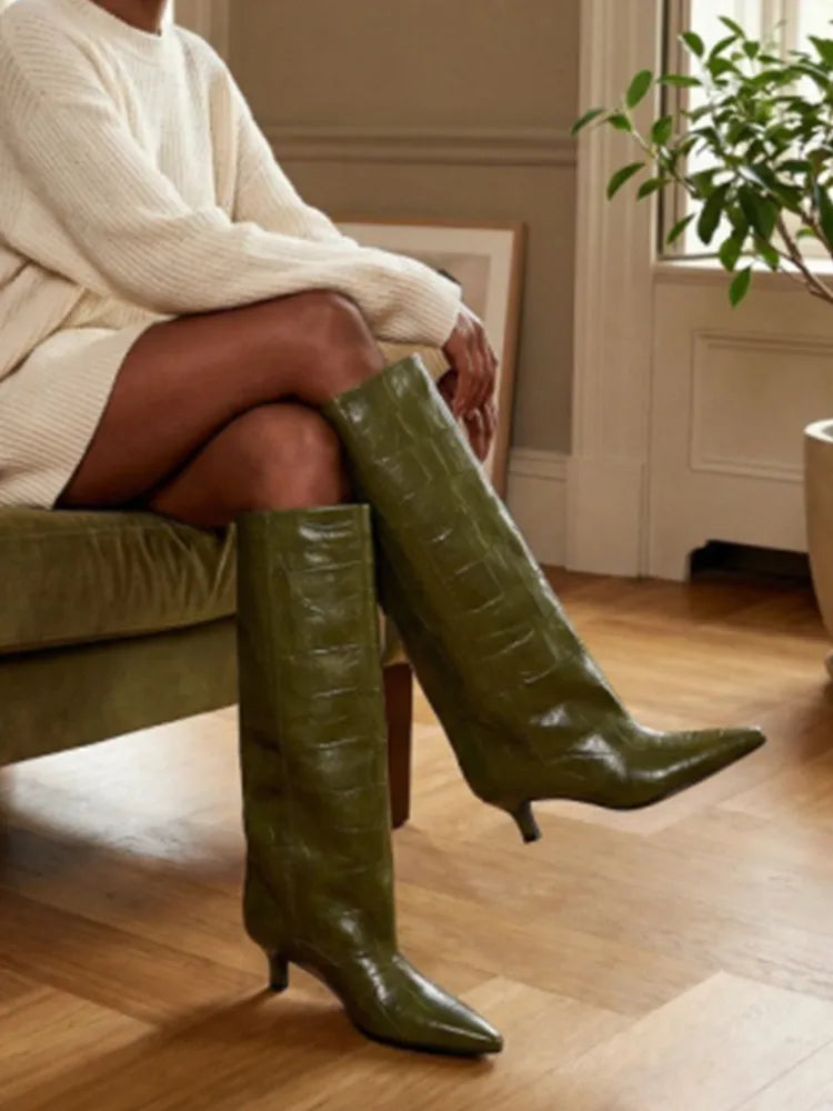 2026 Women's Pointed Toe Low Heel Sleeve Knee High Boots Various Colours