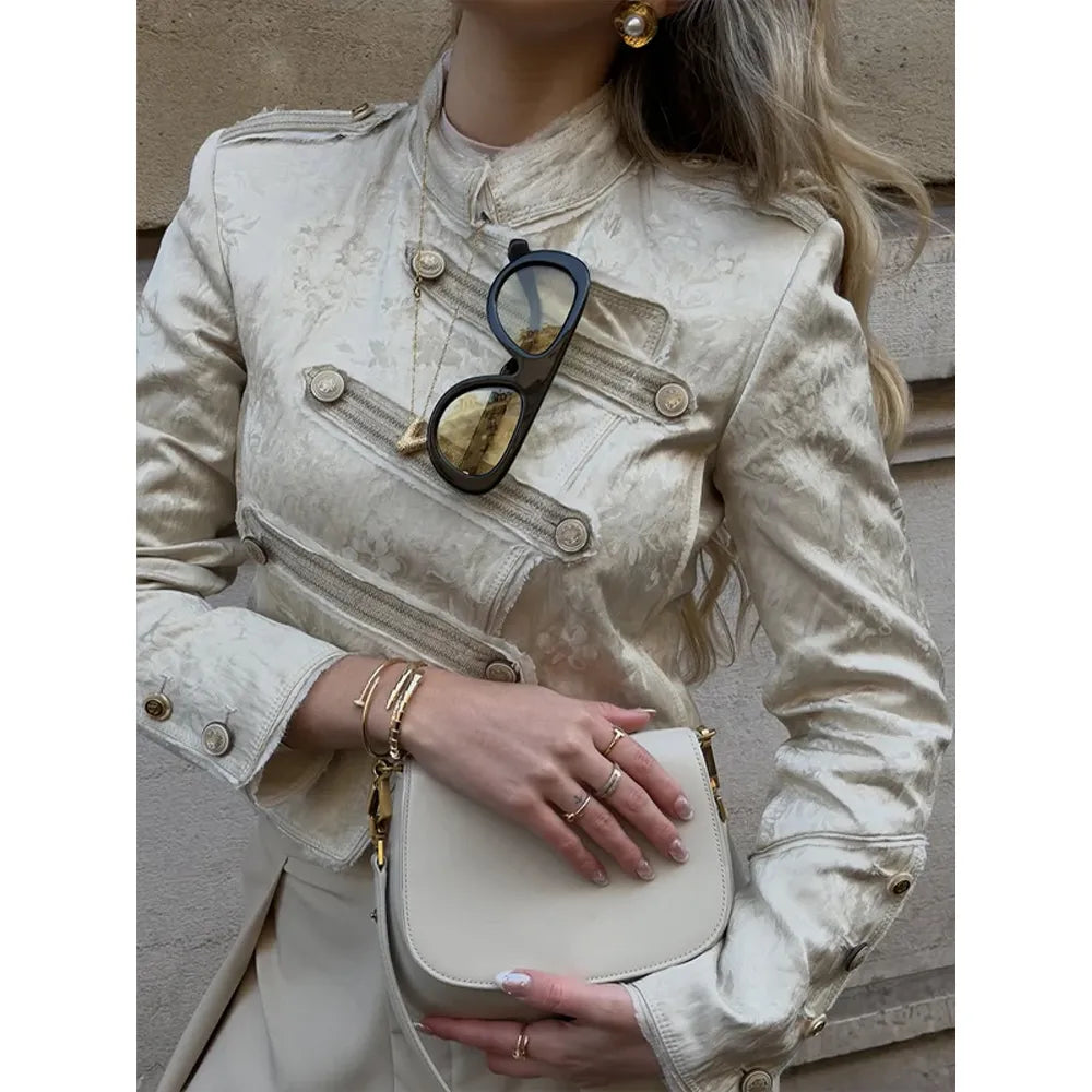 Chic Golden Toggle Button Cropped Jacket Padded Shoulder