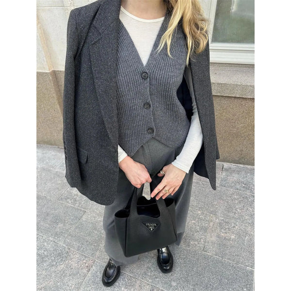 Women's Knit Casual Ribbed Solid Slim V-Neck Vest Cardigan