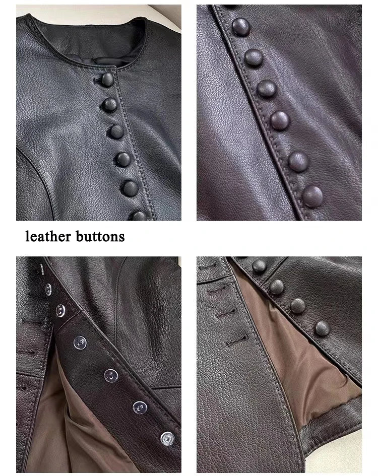 Women Genuine Lambskin Leather Single Breasted Round Neck Slim Fit Vest